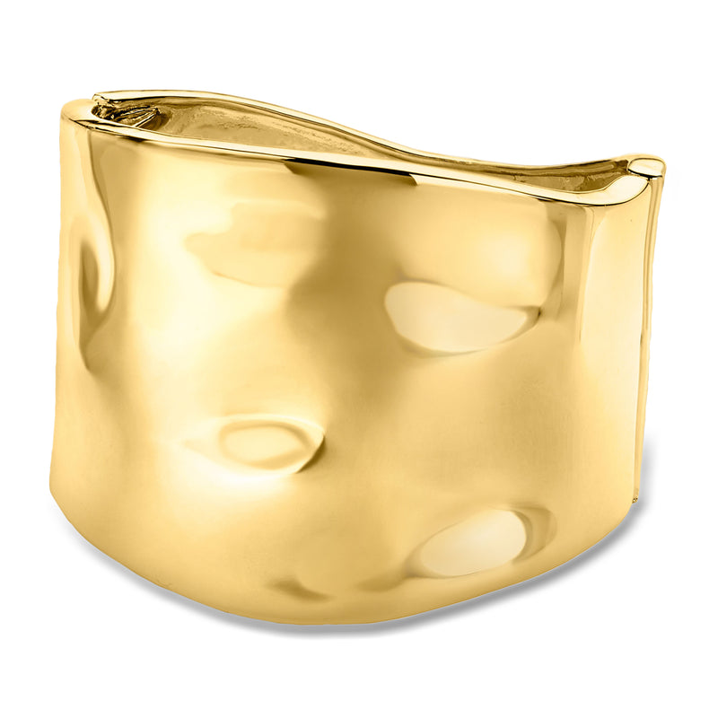 Yellow gold-plated hammered wide bangle bracelet with curved cuff