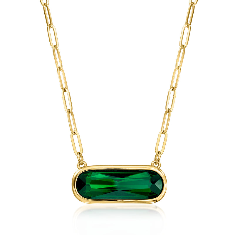 Gold-plated necklace with long link chain and oval green simulated emerald pendant