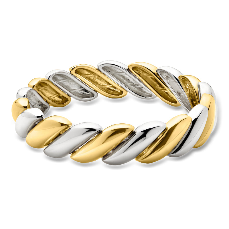 Twisted stretch bracelet with alternating gold-plated and silver oval links