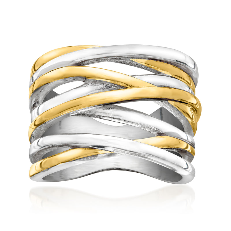 Polished silver and 14kt gold-plated multi-row highway ring with ridged bands