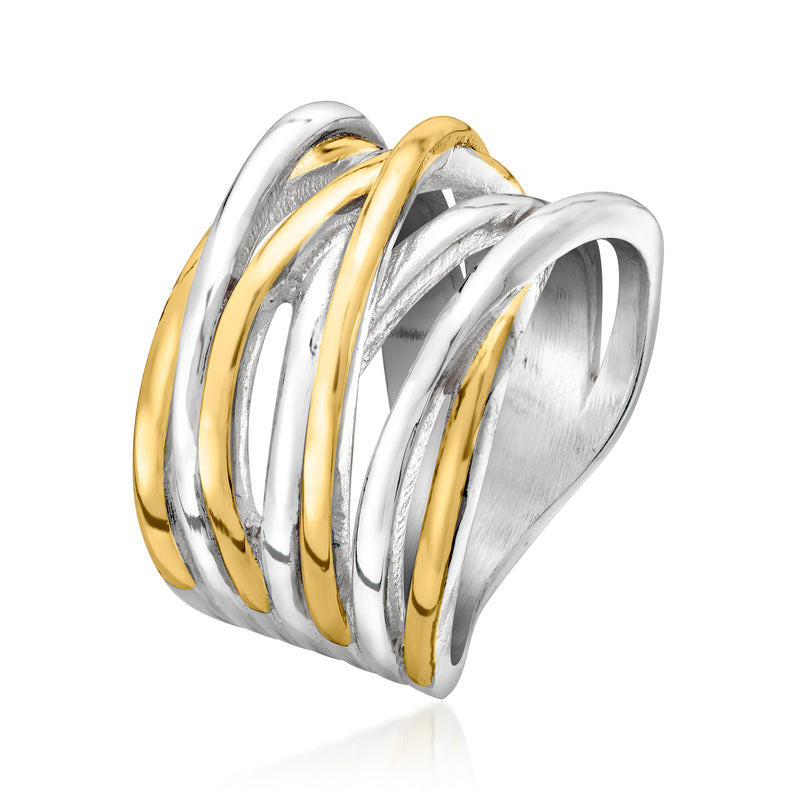 Side view of polished multi-row ring with alternating silver and gold-plated bands