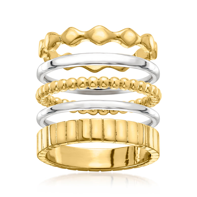 Stackable ring set of alternating gold and silver bands, scalloped and beaded textures