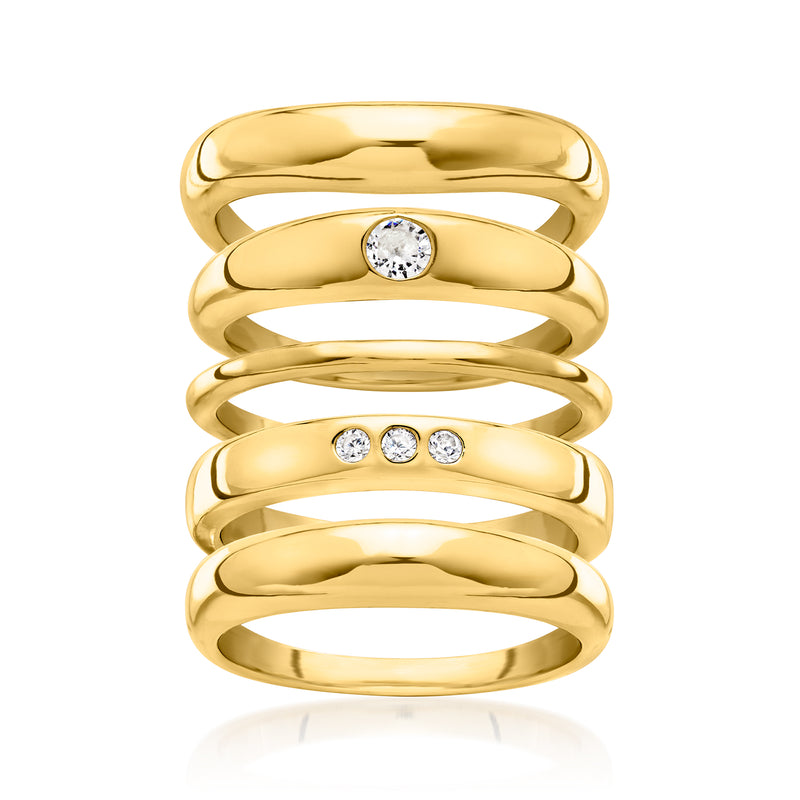 Gold-plated five-ring set with round CZ stones in stacked wave bands