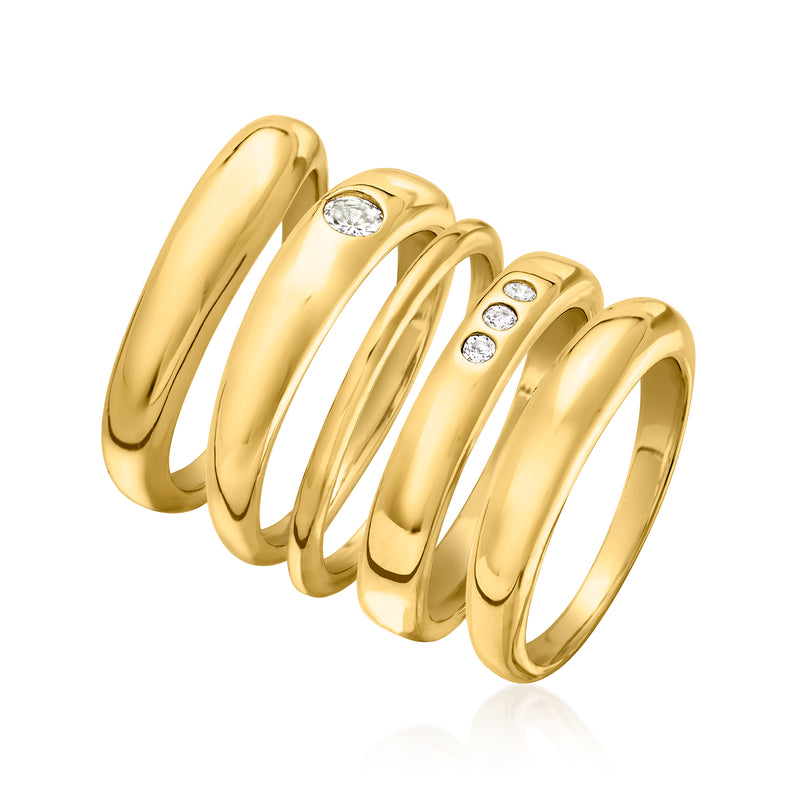 Gold-plated five wave rings with round CZ stones, side view