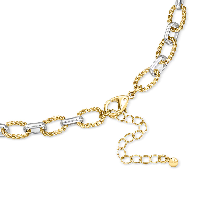 Silver and gold-plated link necklace with lobster clasp and charm tag