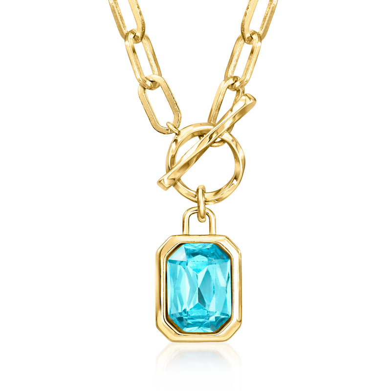 Gold-plated pendant necklace with octagon bezel and blue rectangular gemstone