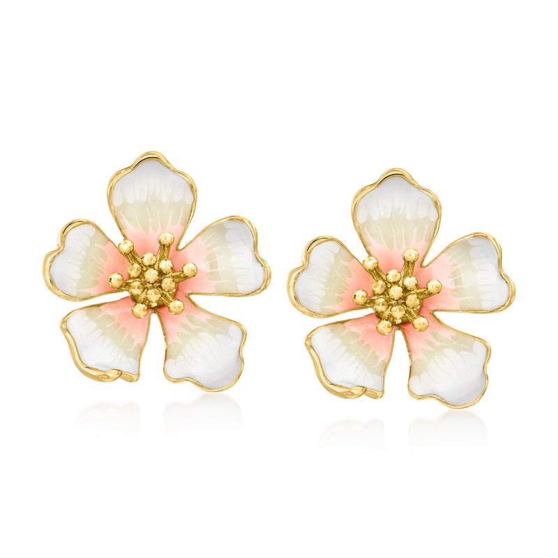 Gold-plated flower stud earrings with white petals and pink enamel centers