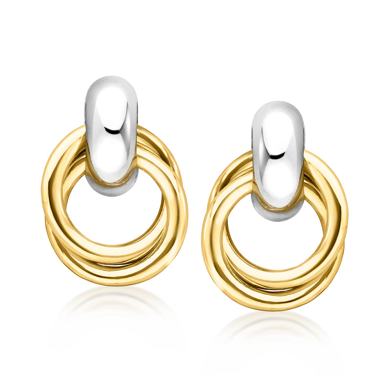 Double-circle drop earrings with silver top and gold-plated nested rings