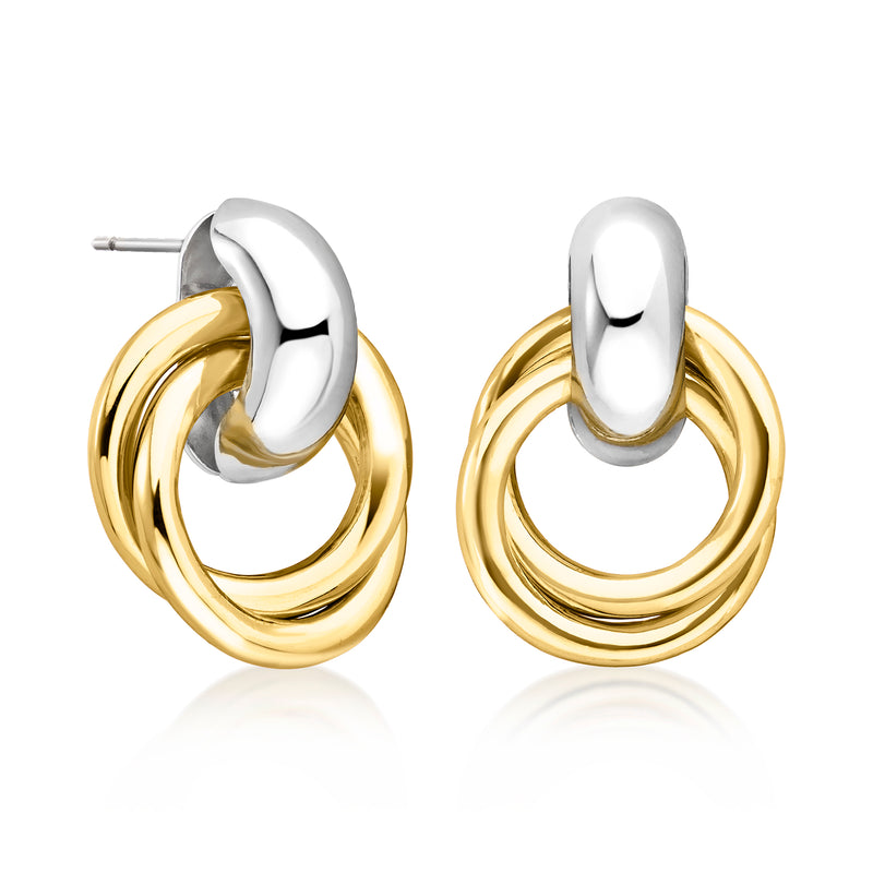 Double-circle drop earrings, silver post back with gold-plated nested loops