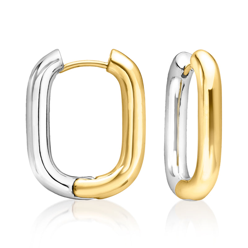 Reversible square hoop earrings, silver and 14kt gold-plated, polished two-tone metal