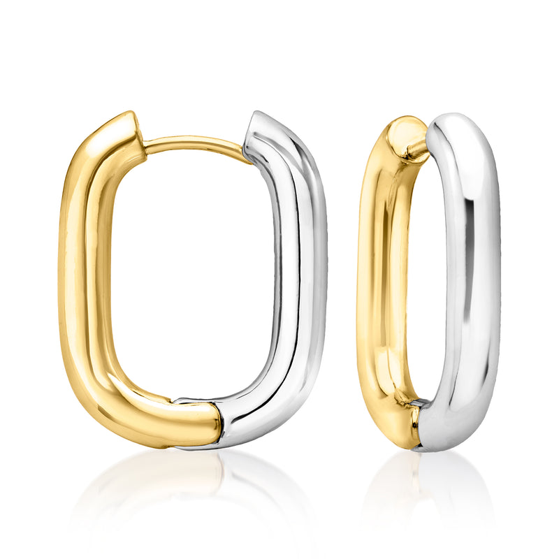 Reversible square hoop earrings with silver and 14kt gold-plated finish, two-tone profile