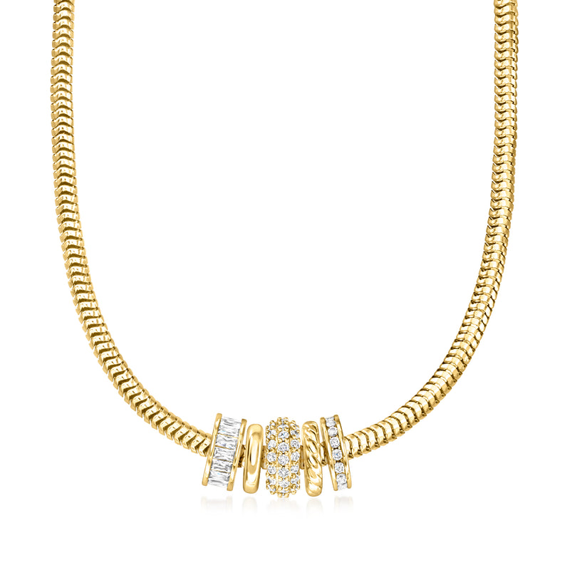 Gold snake chain necklace featuring five gold-and-CZ bead charms, full length view