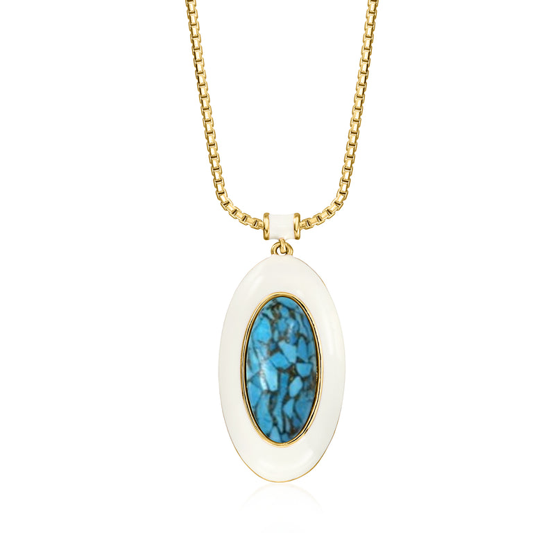 Gold-plated pendant necklace with blue simulated turquoise and white enamel oval