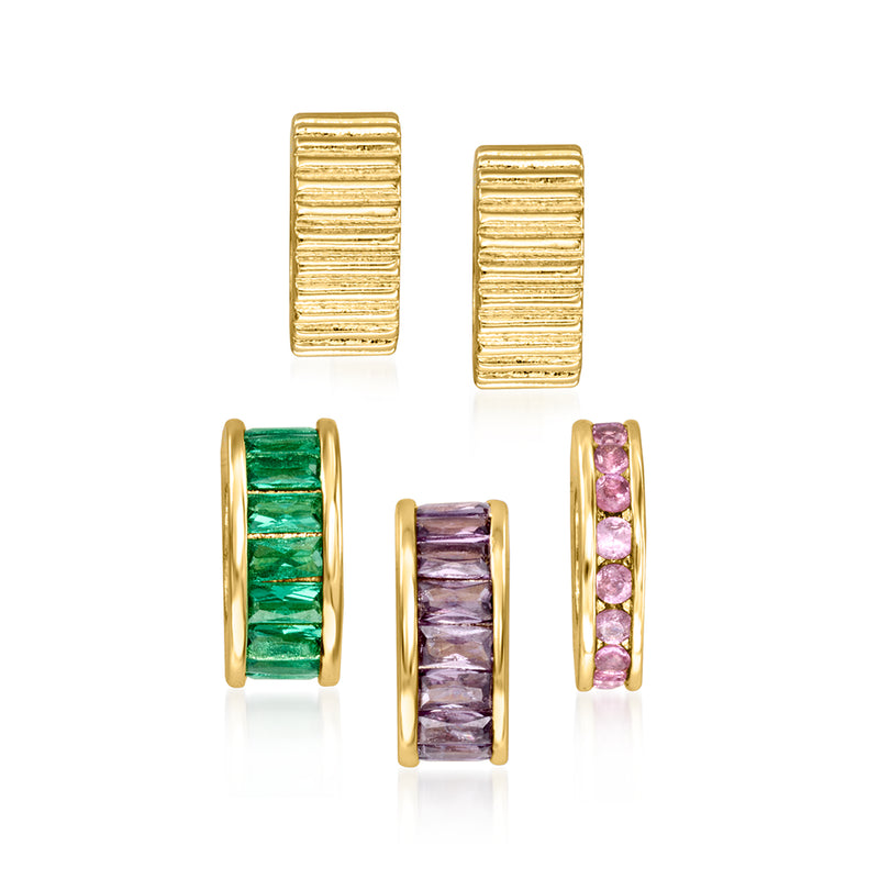 Gold-plated bead charm set with five ribbed cylinders and multicolored simulated gems