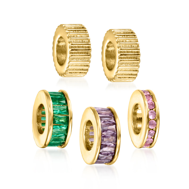 Gold-plated charm beads: green, purple, and pink simulated gem cylinders with ribbed sides