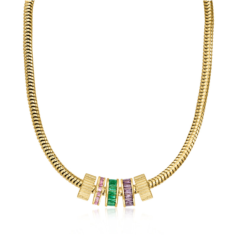 Gold-plated snake chain necklace with five multicolored simulated gem bead charms