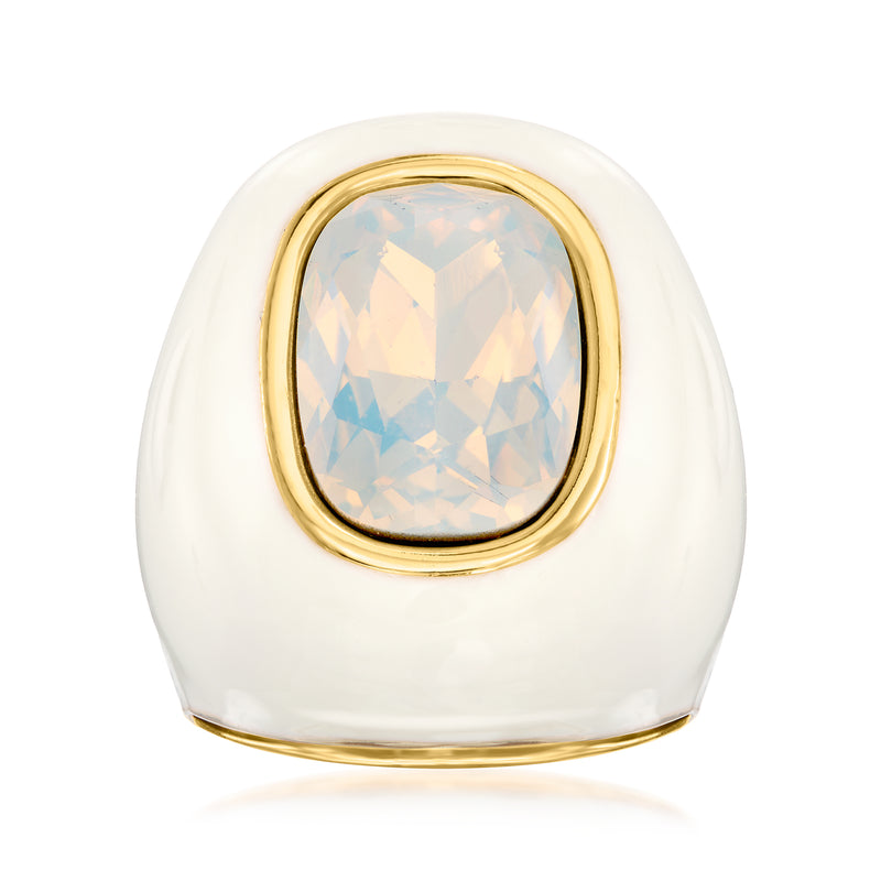 Yellow gold-plated ring with oval opal-look stone and white enamel top