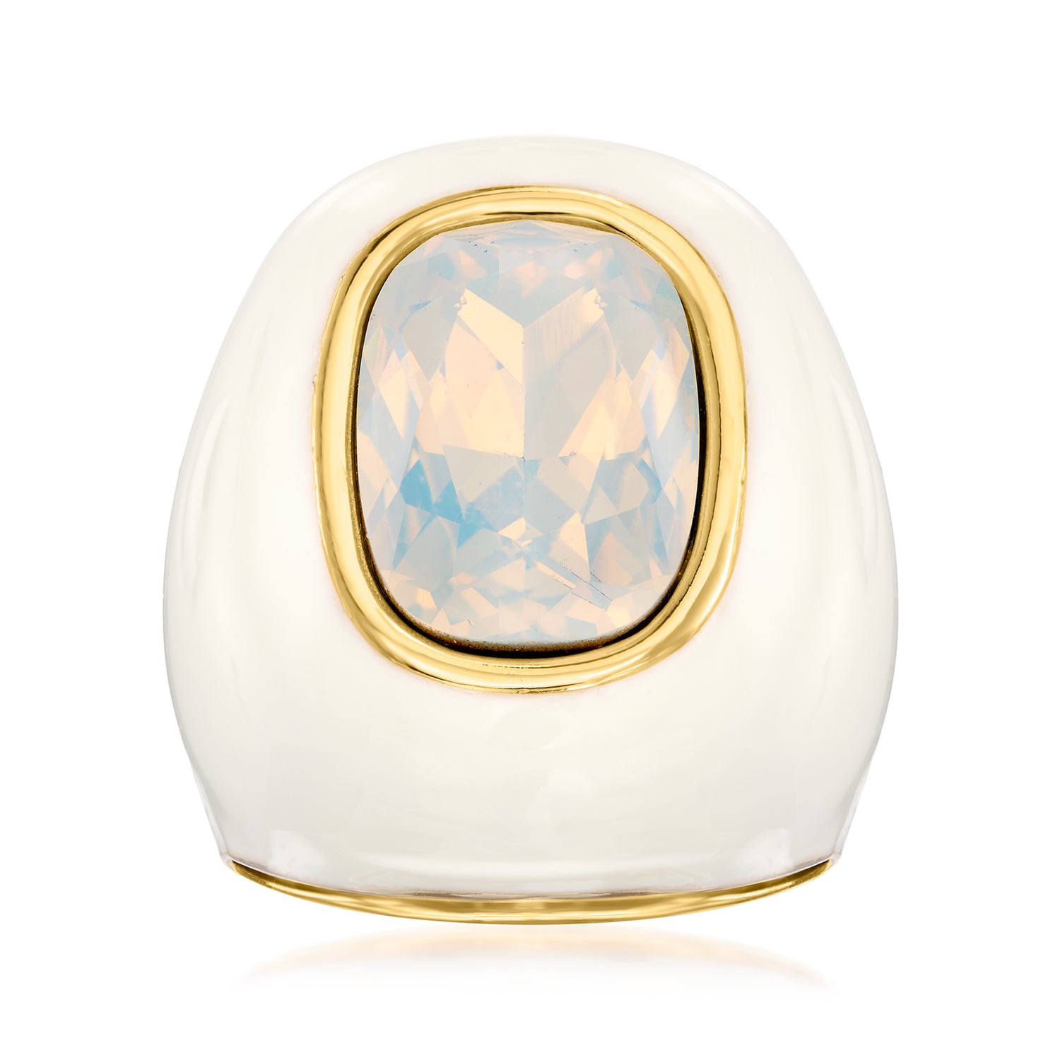 14kt Yellow Gold-Plated Ring with Simulated Opal and White Enamel