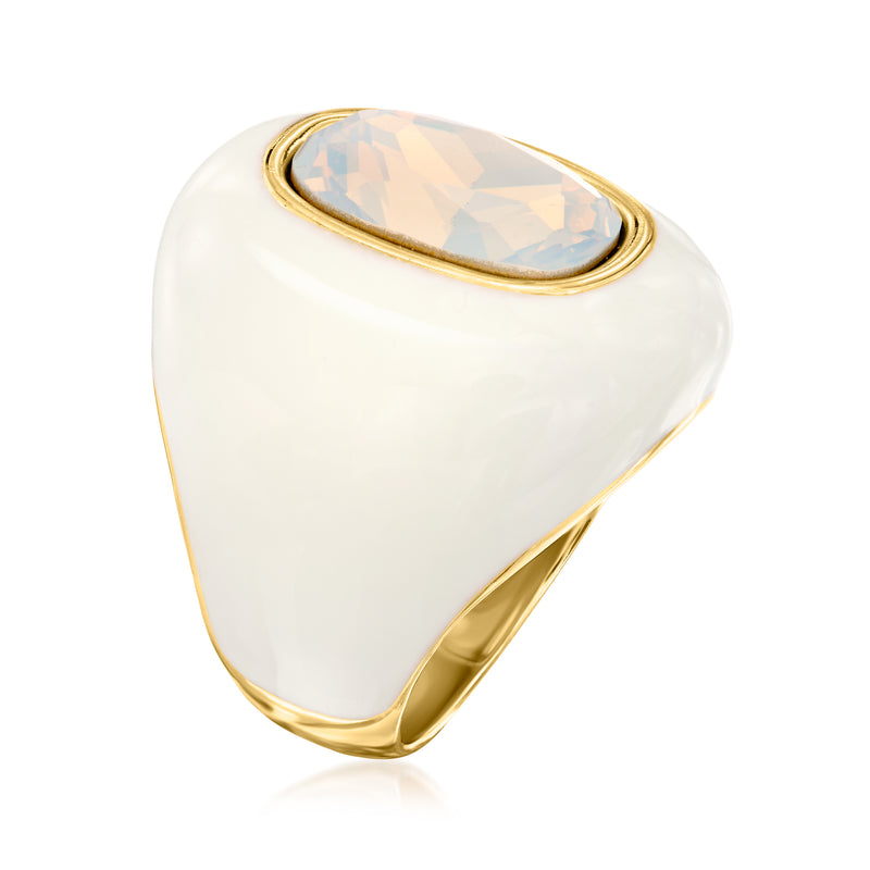 Yellow gold-plated oval ring with opal-look center stone and white enamel band