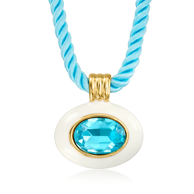 Gold-plated necklace with blue braided cord and oval white enamel pendant with blue stone