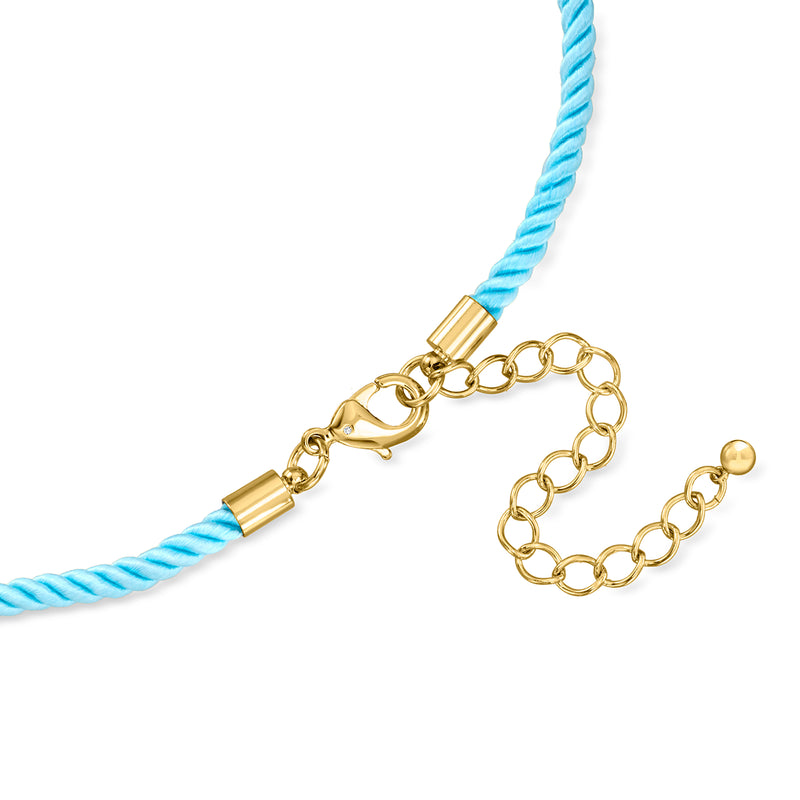 Blue cord necklace with gold-tone chain extender and lobster clasp