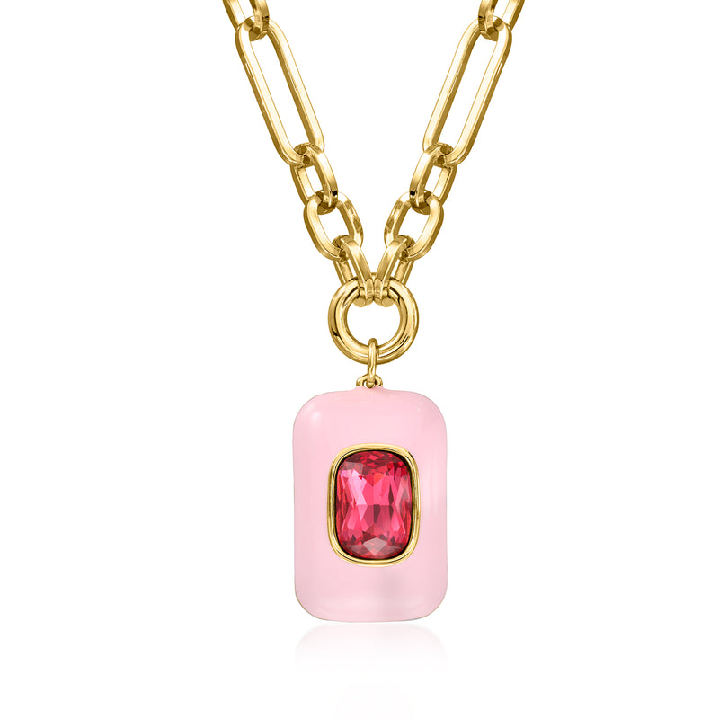 Gold-plated necklace with pink enamel pendant and simulated pink topaz accent