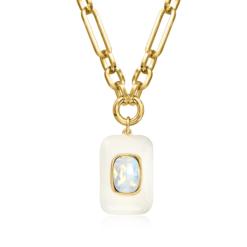 Gold-plated square pendant necklace with simulated opal and white enamel detail