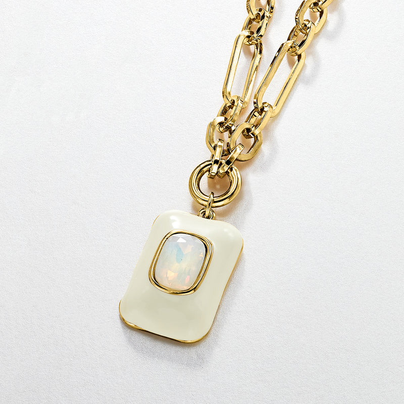 Gold-plated square pendant necklace with simulated opal inset and white enamel bezel