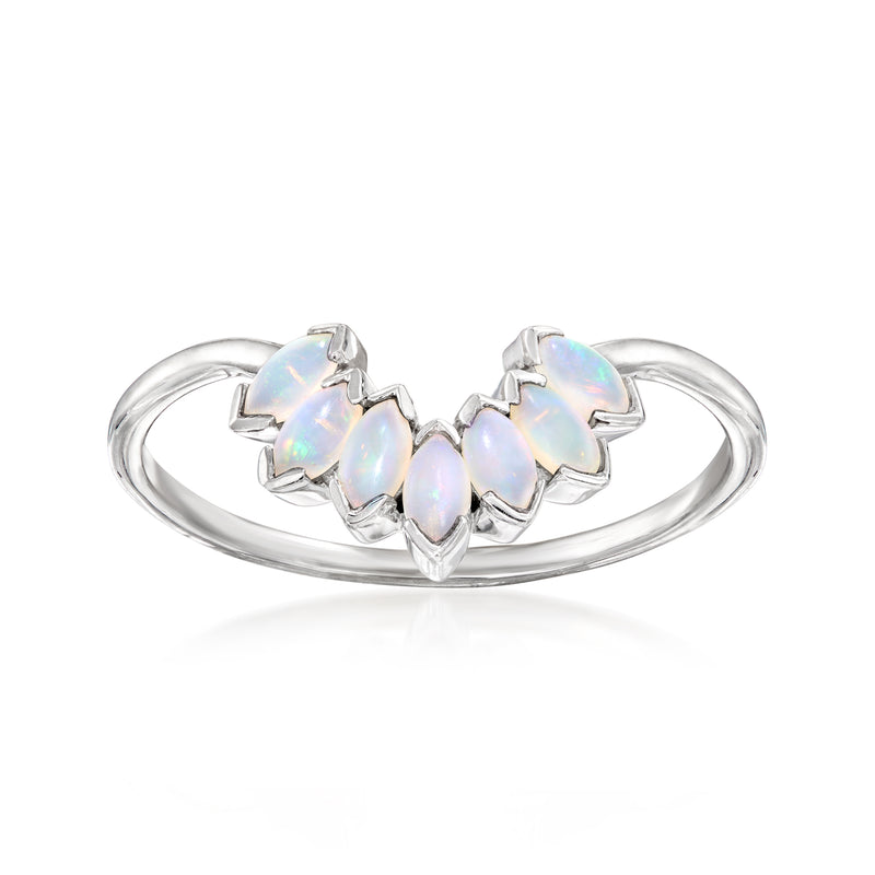 14kt white gold curved opal ring with five oval opal stones in prong setting