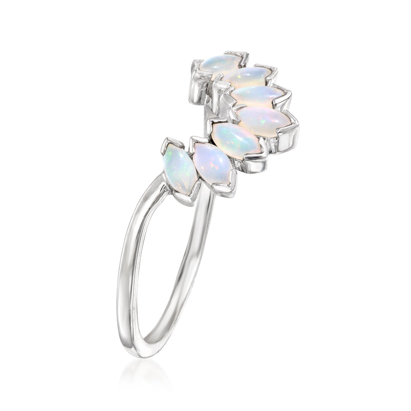 14kt white gold opal ring, curved band with five oval opal stones and raised prongs