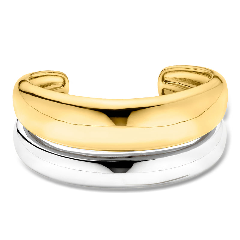 Two-tone cuff bracelet, polished gold-plated and silver bands with hinged design