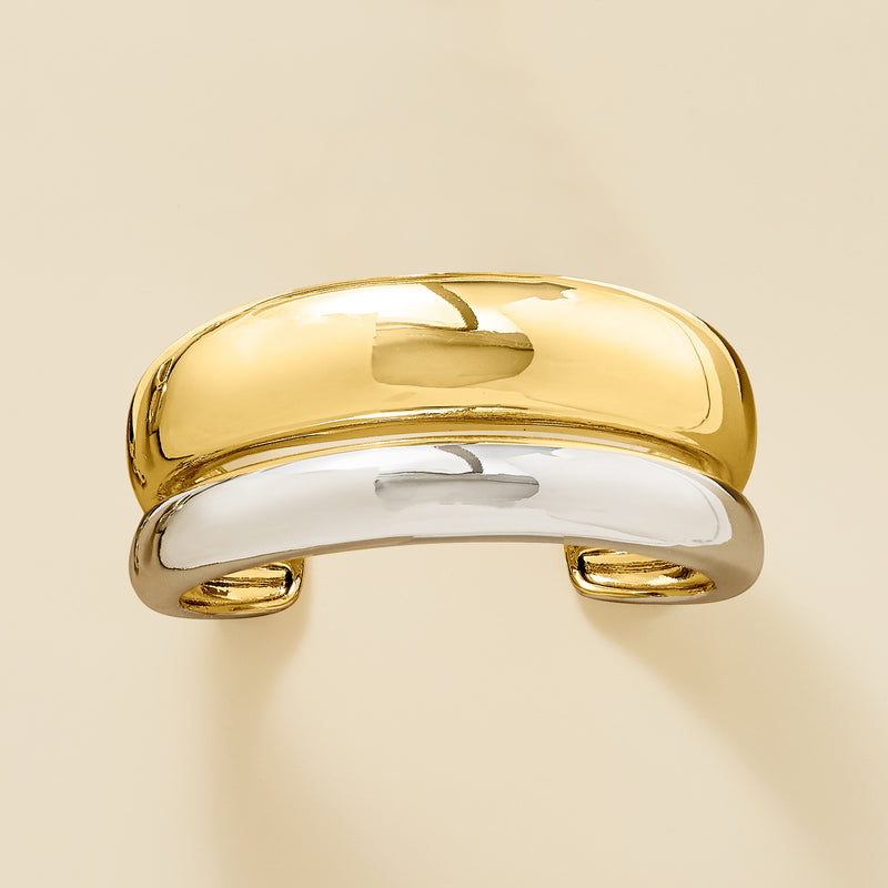 Polished gold-plated and silver cuff bracelet, smooth dome top and open ends