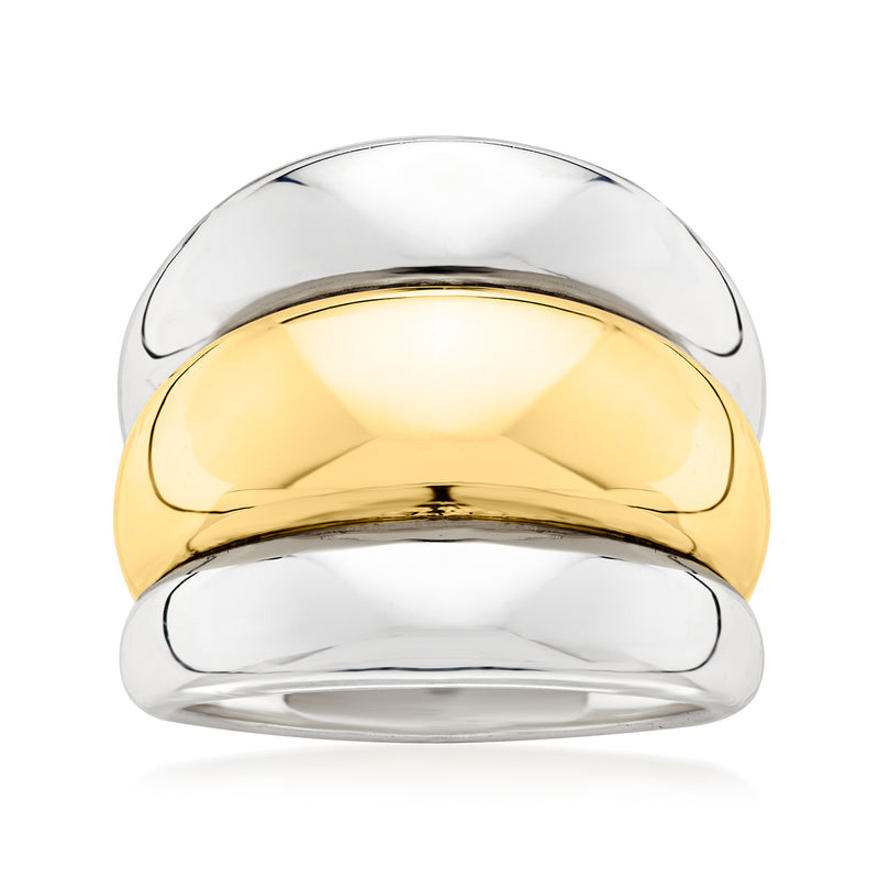 Three-row silver and gold-plated band ring with high-shine polished finish