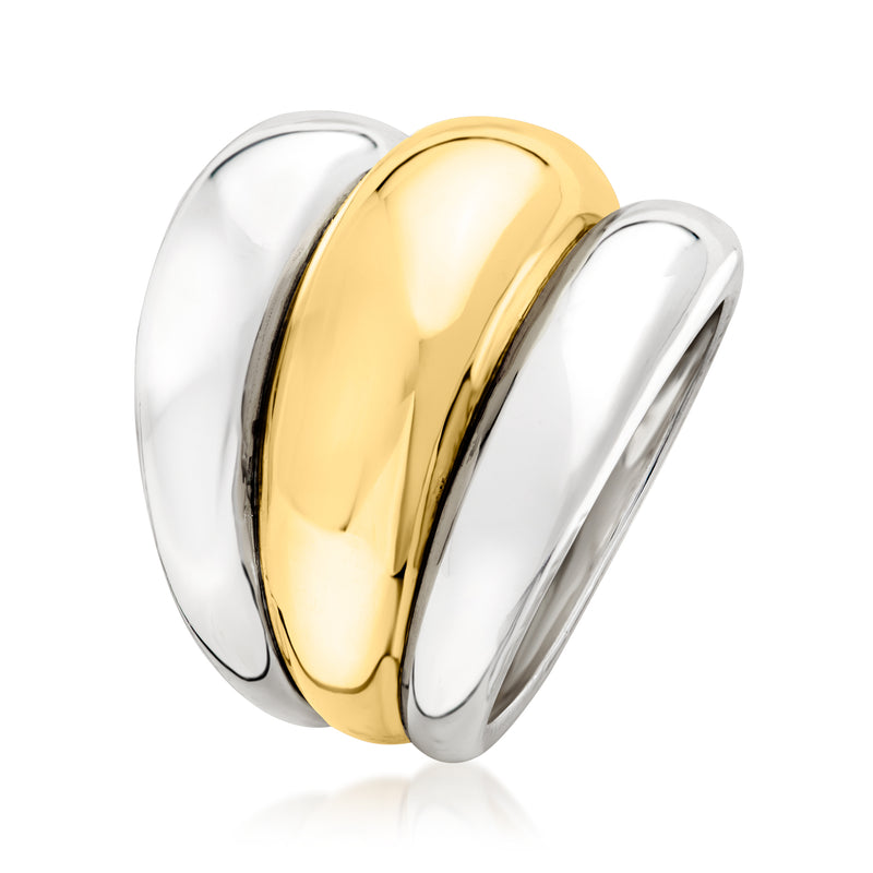 Polished three-row band ring, silver outer edges with gold center stripe