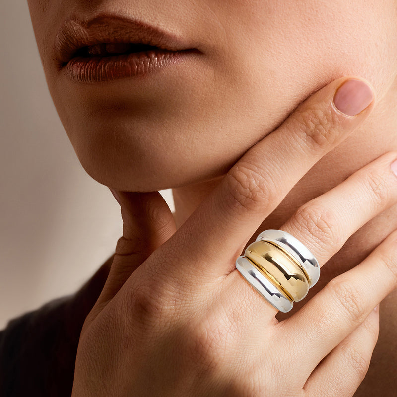 Three-row silver and gold-plated ring worn on hand, polished bands visible