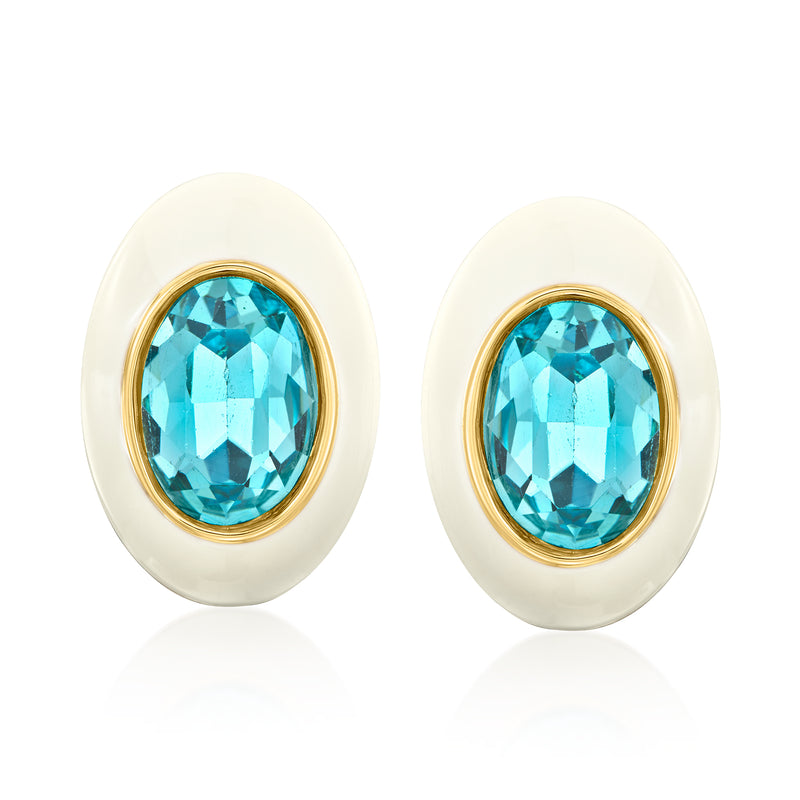 Oval simulated Swiss blue topaz post earrings with gold-tone bezel and white enamel