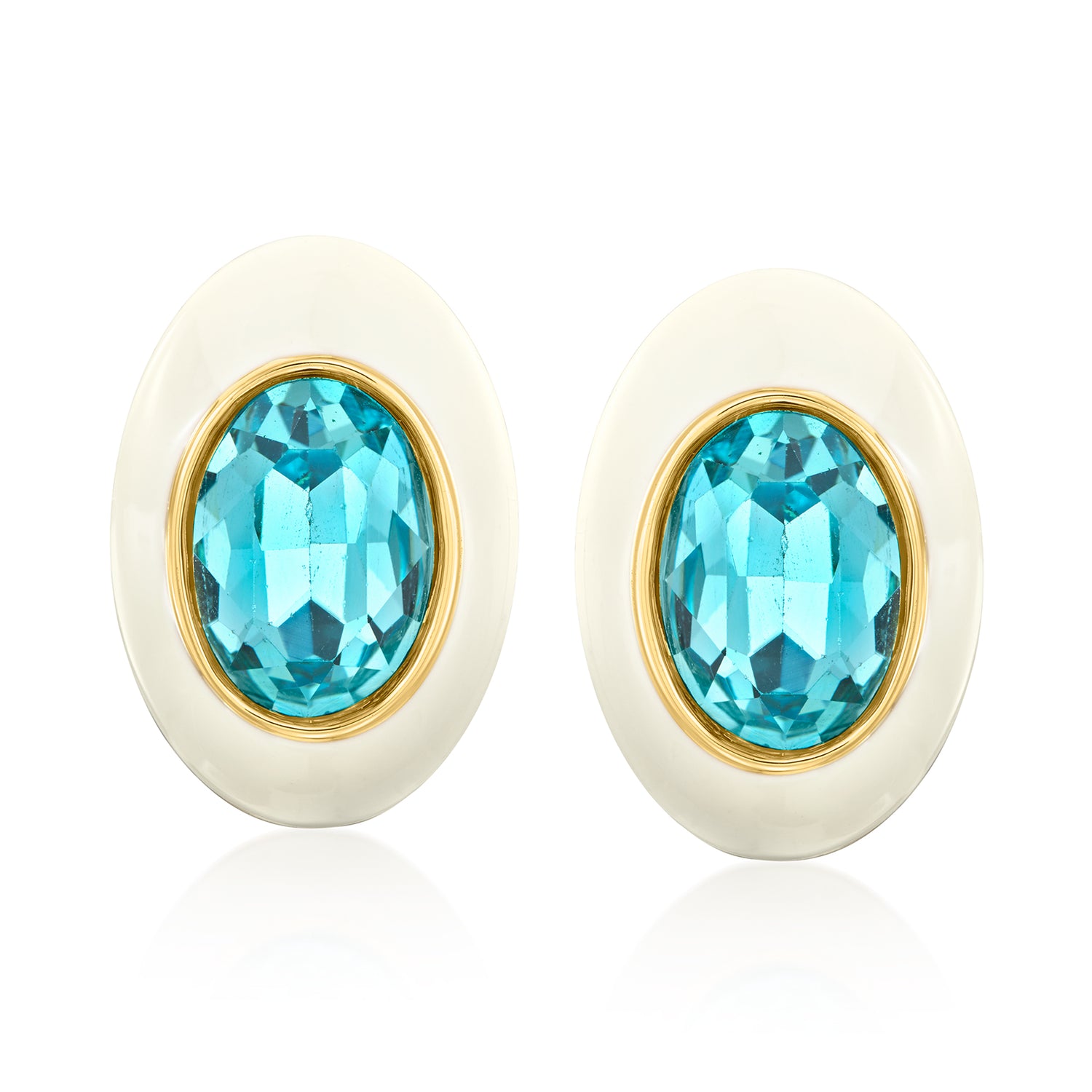 14kt Yellow Gold-Plated Earrings with Simulated Swiss Blue Topaz and White Enamel