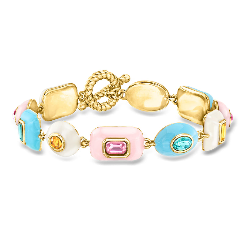 Yellow gold-plated bracelet with multicolored enamel and simulated gemstone charms