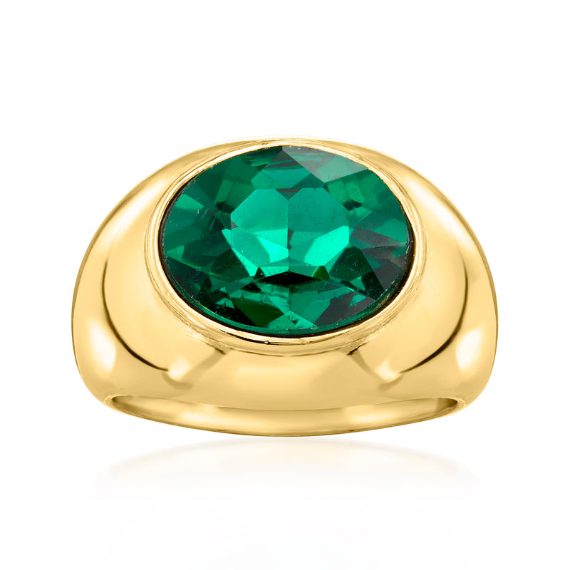 Yellow gold-plated oval ring with simulated emerald green gemstone