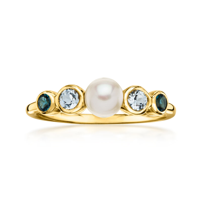 5-5.5mm Cultured Pearl Ring with .30 ct. t.w. Tonal Blue Topaz in 18kt Gold Over Sterling
