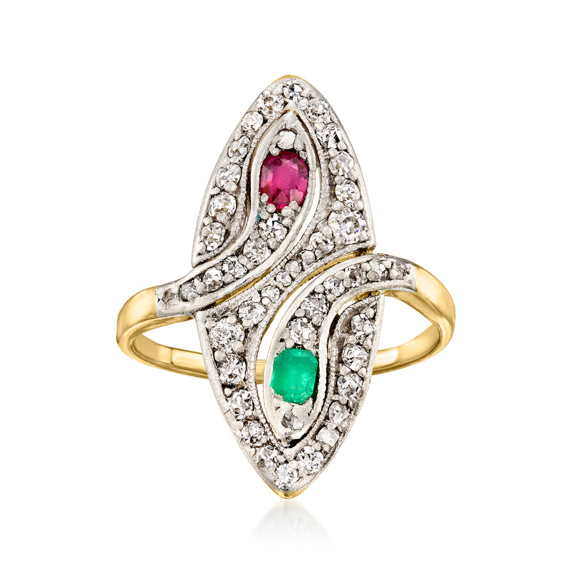 Vintage ring with ruby and emerald in oval frames, diamond accents, gold and platinum band