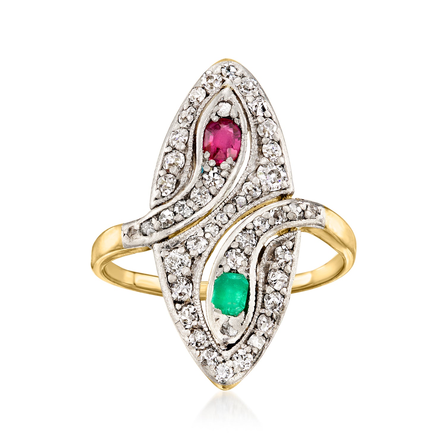 C. 1930 Vintage .15 Carat Ruby and .10 Carat Emerald Ring with .50 ct. t.w. Diamonds in Platinum and 18kt Yellow Gold