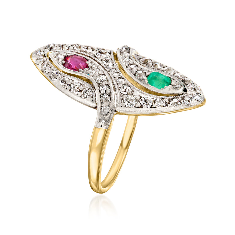 Vintage platinum and gold ring with ruby, emerald, and diamond details