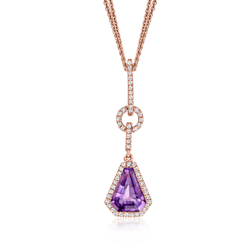 Rose gold amethyst pendant necklace with diamond accents and teardrop gemstone