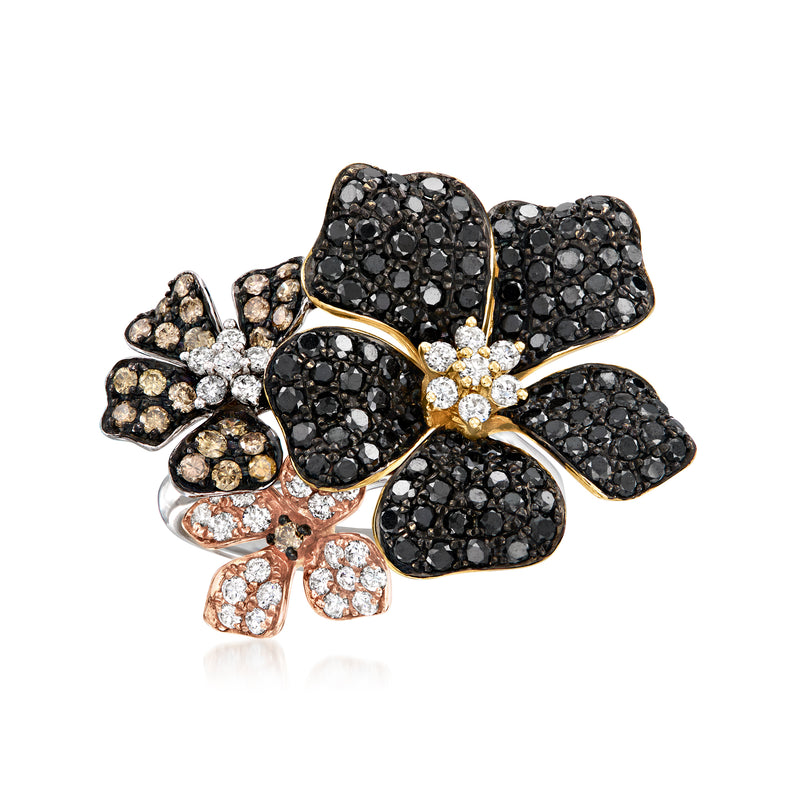 Diamond flower ring with black stone petals and gold details, tri-colored 14kt band.