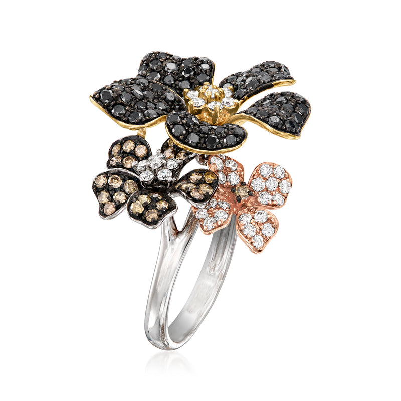 Multicolored diamond flower ring in tri-colored 14kt gold, black and white stone petals.