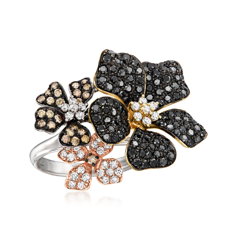 Multicolored diamond flower ring, tri-colored 14kt gold with black and rose-gold accents.