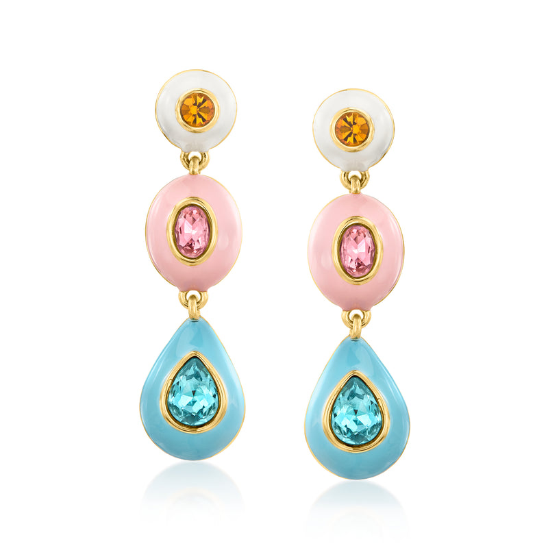 Gold-plated drop earrings with yellow, pink, and blue enamel teardrop charms