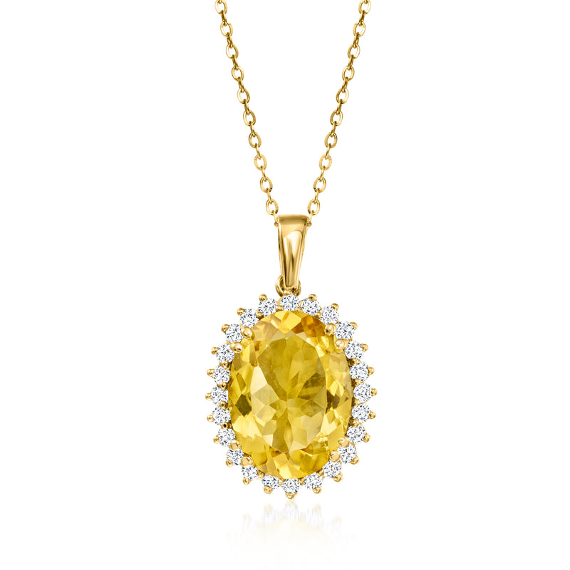 18kt yellow gold pendant necklace with oval citrine center and diamond halo