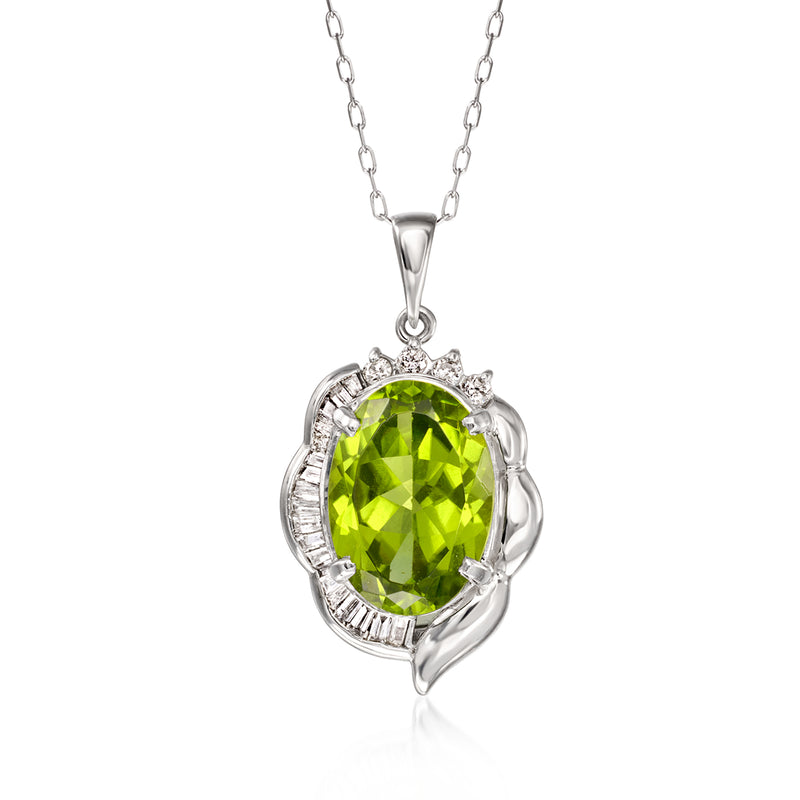 Platinum peridot pendant necklace with oval peridot gemstone and diamond halo